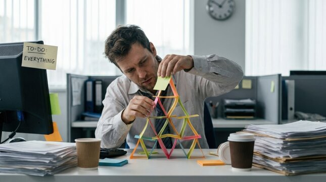 Office worker building a house of cards with sticky notes, procrastination, workplace pressure and playful stress concept for editorial storytelling, mental health campaigns and business culture