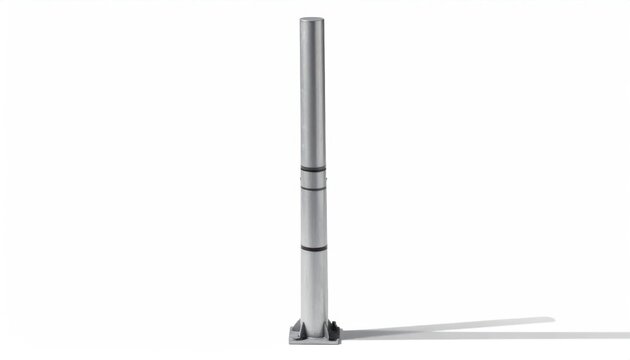 Sleek modern metallic bollard with black accent bands and square base isolated on white