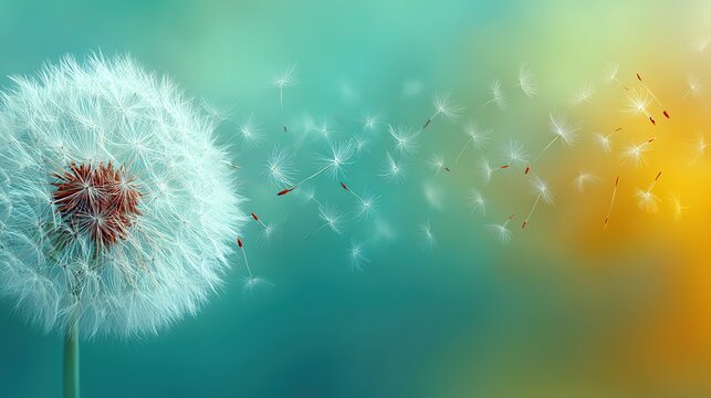 Close-up white dandelion puffball on left side, numerous feathery seeds dispersing mid-air, background light green fading to bright yellow blur. 