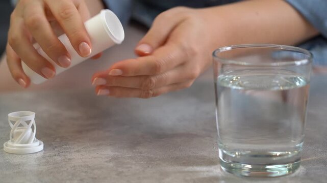 Close up of hands open jar of medicine and drop effervescent pill into glass water. Take pills drugs medicament vitamins. Health care