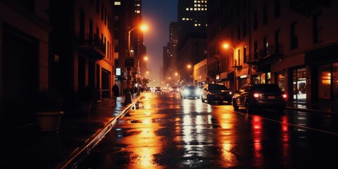 Obraz premium New York street at night with wet pavement reflecting car lights and city glow. Cars drive on the dark street during rain. Buildings line the sidewalk.