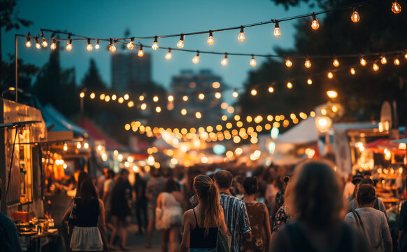 view from behind people walking through a nighttime outdoor festival with warm string lights and blurred food trucks