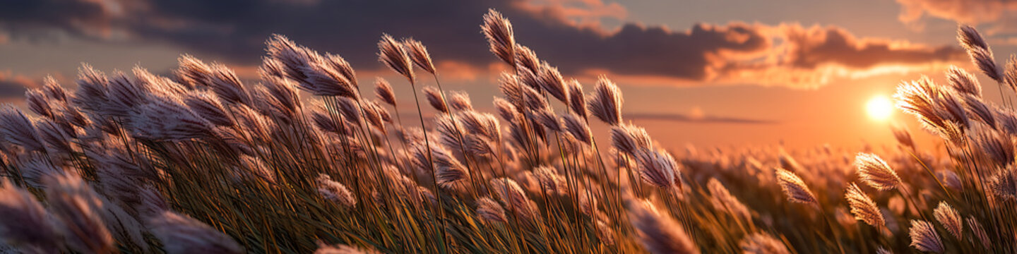 vast field of blooming feather grass swaying in golden sunset light