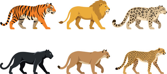 Flat Vector Big Cats Icon Set Featuring Tiger Lion Leopard Black Panther Puma and Cheetah for Wildlife Safari and Educational Nature Designs © Lipi