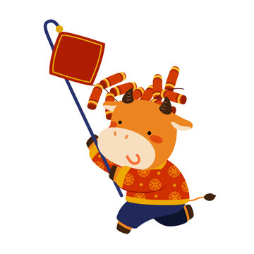 Cute cow holds firecrackers and wears Chinese costume