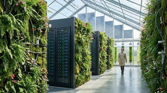 Green data centre with server racks surrounded by living plant walls, sustainable tech concept