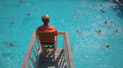 Fototapeta premium Young lifeguard sitting on high observation chair overlooking crowded public swimming pool during sunny summer afternoon, water safety and pool supervision concept