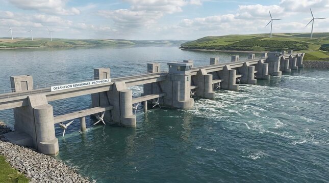 Tidal energy barrage turbines in a river estuary, emerging renewable technology concept