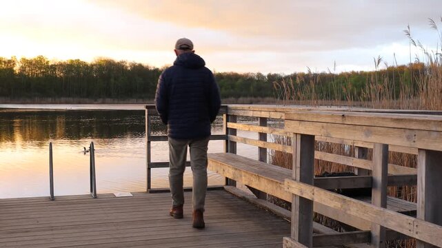 Stockholm, Sweden A man walks on a wooden boardwalk in the Kyrksjolotens nature reserve near a small lake in the Bromma suburb.  
