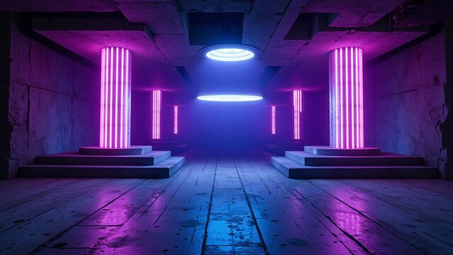 An atmospheric room lit with pink and purple lights, evoking a mysterious or cryptic ambiance.