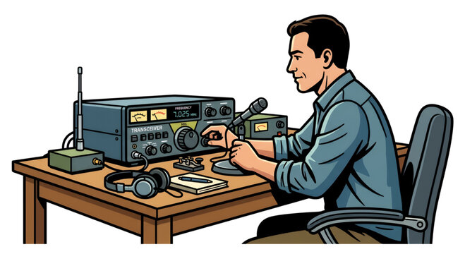 illustration of a man communicating using a shortwave radio communication device.