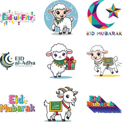 Obraz premium Collection of eid al-fitr and eid al-adha with cute sheep and msea set
