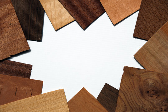 Assorted Wood Veneer Samples Border on White Background, Variety of Wooden Texture Sheets and Timber Grain Swatches for Carpentry and Interior Design