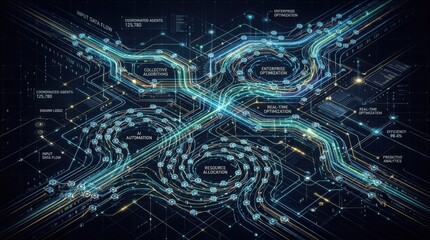 Fototapeta premium Corporate swarm intelligence system with collective algorithms, AI automation and enterprise optimization concept showing many small agents coordinating into efficient patterns, dark premium