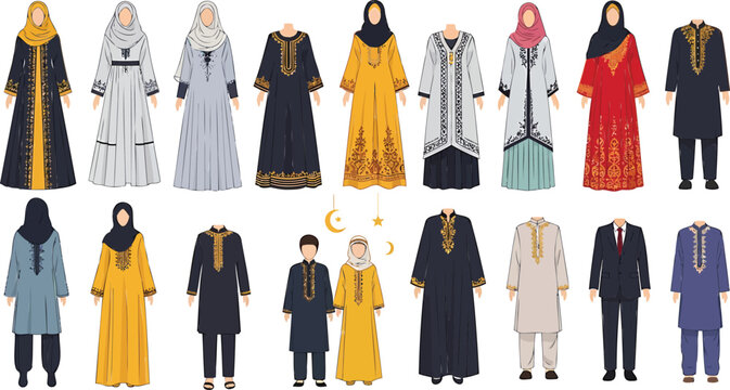 Collection of islamic traditional clothing for men, women, and msea set