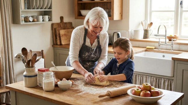 White-haired grandmother teaching her granddaughter to bake in the kitchen, intergenerational skill