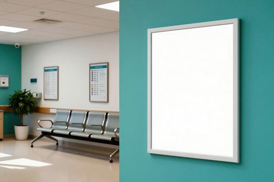 Empty white poster on turquoise wall in hospital waiting area. Modern clinic lobby with seats and medical charts. Space for your advertisement or info.