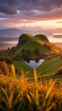 Stunning sunset over a grassy hill with a pond at the bottom, leading to a rock formation and peak. Mountain vantage point for climbing.