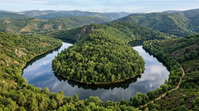 View of Melero meander with forest peninsula and river reflection, dramatic aerial landscape with sweeping curve, lush greenery and mirrored water in a scenic natural setting, soft natural light,