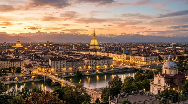 Evening view of Turin during sunset with Mole Antonelliana, Po River and the Alps in the background, elegant Italian cityscape with strong travel and destination appeal, warm light, realistic