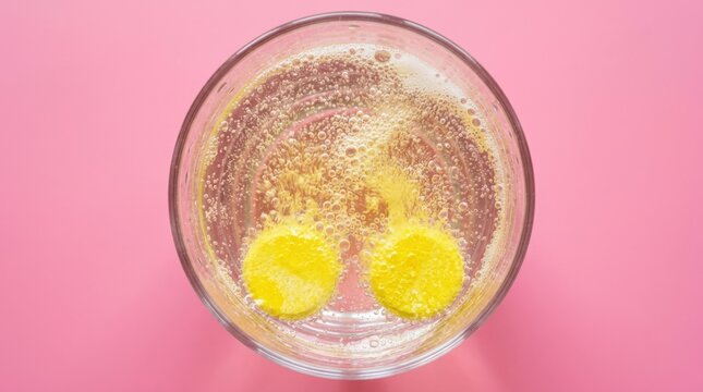 Two yellow effervescent tablets dissolving in a glass on pink background, top view vitamin concept for wellness, supplements, healthcare and product advertising, bright minimal composition, bubbling