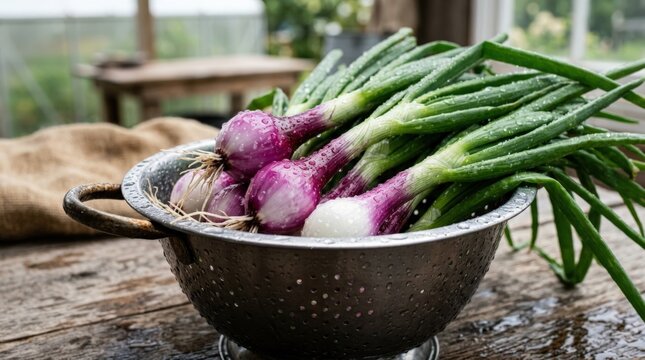 Close view of purple and white spring onion bulbs in a colander with water droplets, fresh green onions detail, organic farm produce with vibrant stems and crisp texture, natural light, realistic