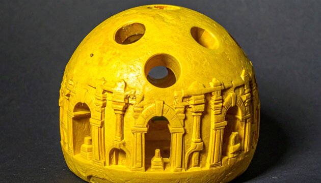 Yellow spherical object with intricate cutouts of arches, columns, and human silhouette, symbolizing artistic geometry, architectural detail, and decorative design against dark background.Yellow spher
