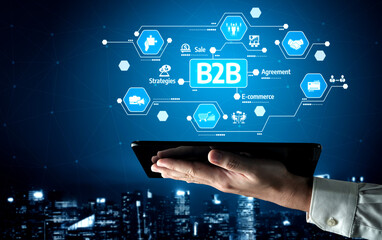 Innovative representation of B2B solutions with digital icons emerging from a hand-held device, set against a modern cityscape, highlighting connectivity and business growth. Tessel © InfiniteFlow