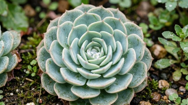 Succulent with a raindrop nestled in its center, botanical macro with fresh moisture, geometric rosette form and soothing nature detail for plant, wellness and garden themes, soft natural light, crisp