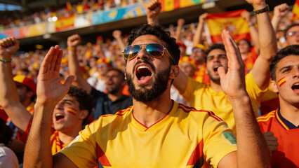 Naklejka premium Shouting bearded fan wearing yellow jersey with face paint and shades in stadium stands, with flags