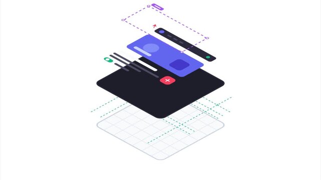 Isometric 3D Interface Animation Exploding UI Elements on White Background