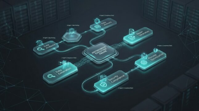 Autonomous execution engine with AI agents performing tasks, glowing action modules, intelligent task automation and enterprise workflow efficiency on a dark abstract background, teal cyan accents,
