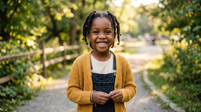 Portrait of happy african american child smiling outdoors in a park in a refined lifestyle scene, modern commercial concept for editorial campaigns, branding and social storytelling, confident