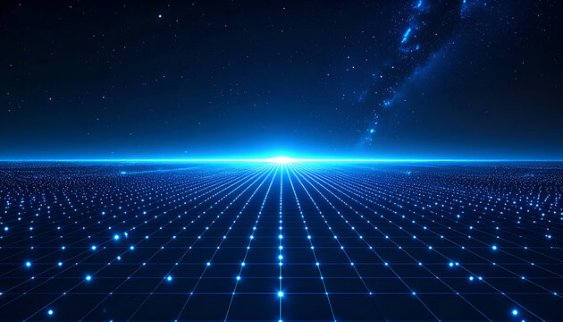 Abstract Digital Grid with Glowing Blue Lights and Starry Sky.