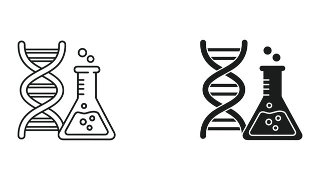 Black and white line icons of dna double helix and beaker with bubbles isolated on white background for science and genetics concepts