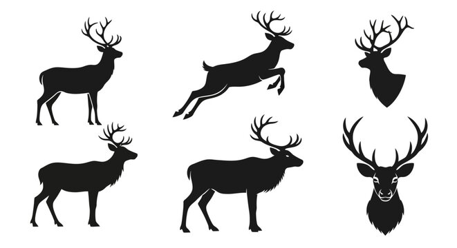 Set of black deer silhouettes in various poses