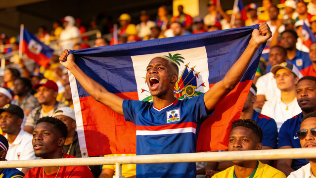Cheering man in blue team jersey holding Haitian flag behind him at stadium, with metal railing