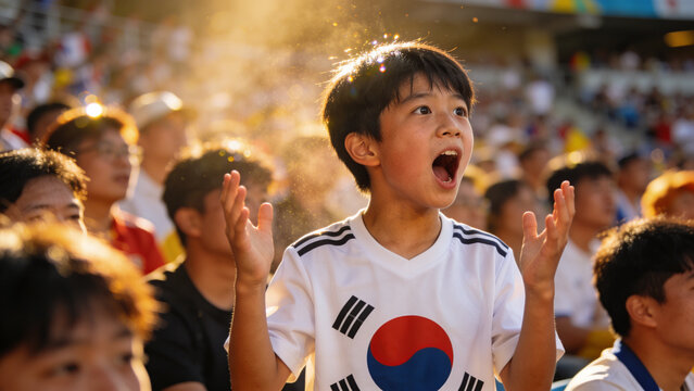 Cheering child fan wearing white South Korea jersey at stadium, with backlit dust halo