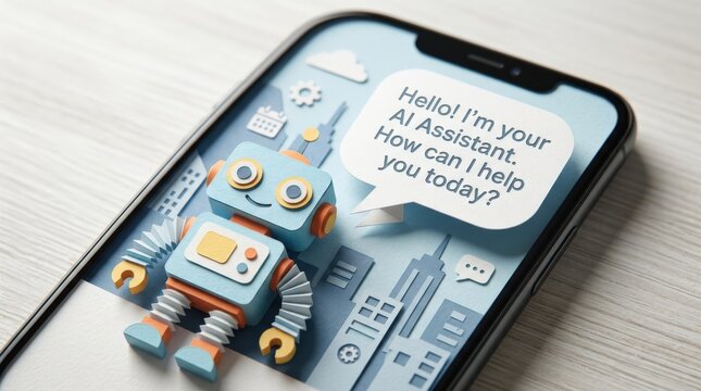 Papercraft robot inside a phone with a chat bubble, playful AI assistant concept, chatbot communication, tech support and mobile automation visual for startup branding, app campaigns and digital