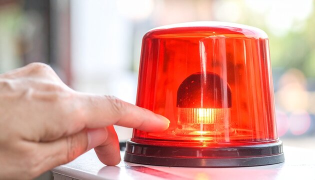 Close up on hand pointing at an  emergency red light