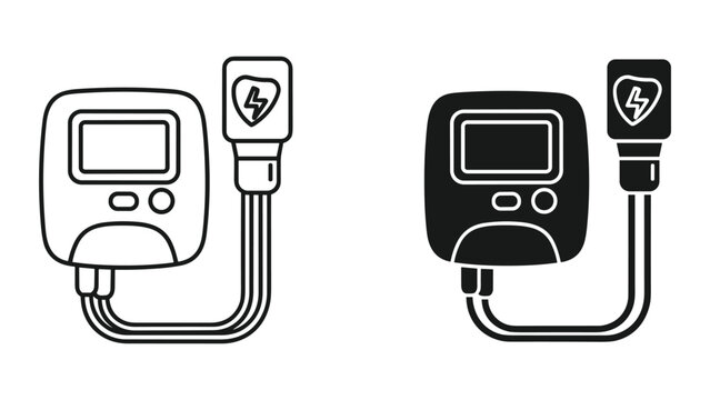 Black and white line icons of defibrillator and aed medical devices with monitor screens and electrode connectors
