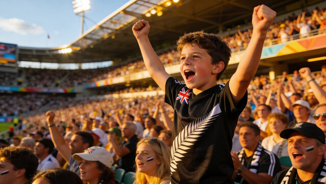 Cheering boy wearing black silver fern jersey raising arms at stadium, with face paint stripes