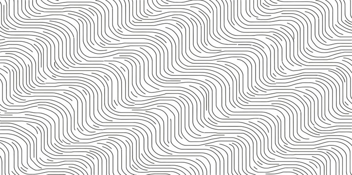 Abstract seamless geometric pattern with black wave lines and swirl elements creating a decorative vector texture for wallpaper and textile design