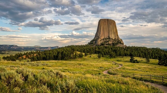Devils Tower National Monument rising above prairie grass and pines, iconic geological landmark for travel, nature and heritage storytelling, sweeping composition, atmospheric depth, natural light,
