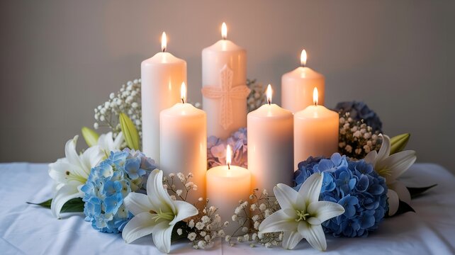 Lit candles with cross and flowers symbolize remembrance, faith, and religious ceremonies.