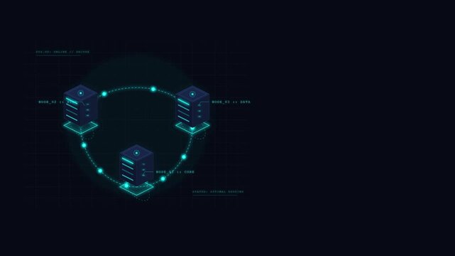 Cloud computing servers with network nodes on a dark background featuring wide copy space for enterprise technology solutions and architecture