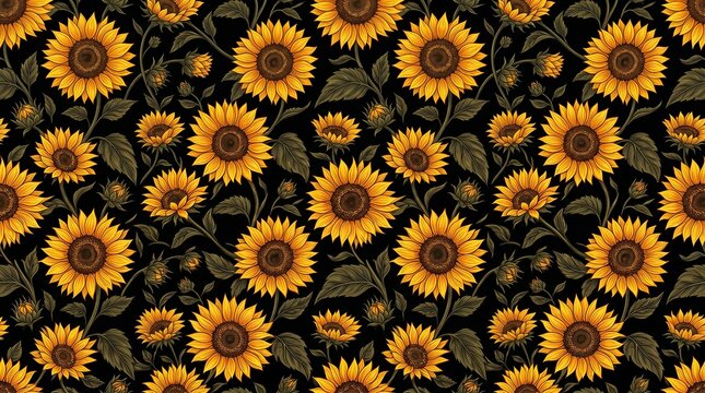Sunflower Pattern with Gold Flowers and Leaves on Black Background