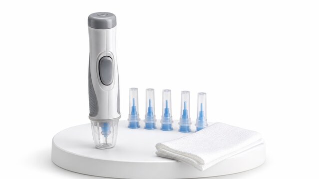 Single automatic lancet scarifier displayed on a white pedestal with several disposable safety lancets placed neatly behind it and a folded sterile cloth beside the base isolated on pure white