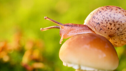 Tiny garden snail with a spotted shell, slowly crawling on a brown mushroom cap, vibrant green bokeh background, macro nature photography, delicate wildlife scene, serene forest floor habitat © Shanza