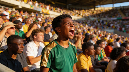 Fototapeta premium Shouting teen boy wearing green sports shirt with gold panels cheering in stadium stands, with caps